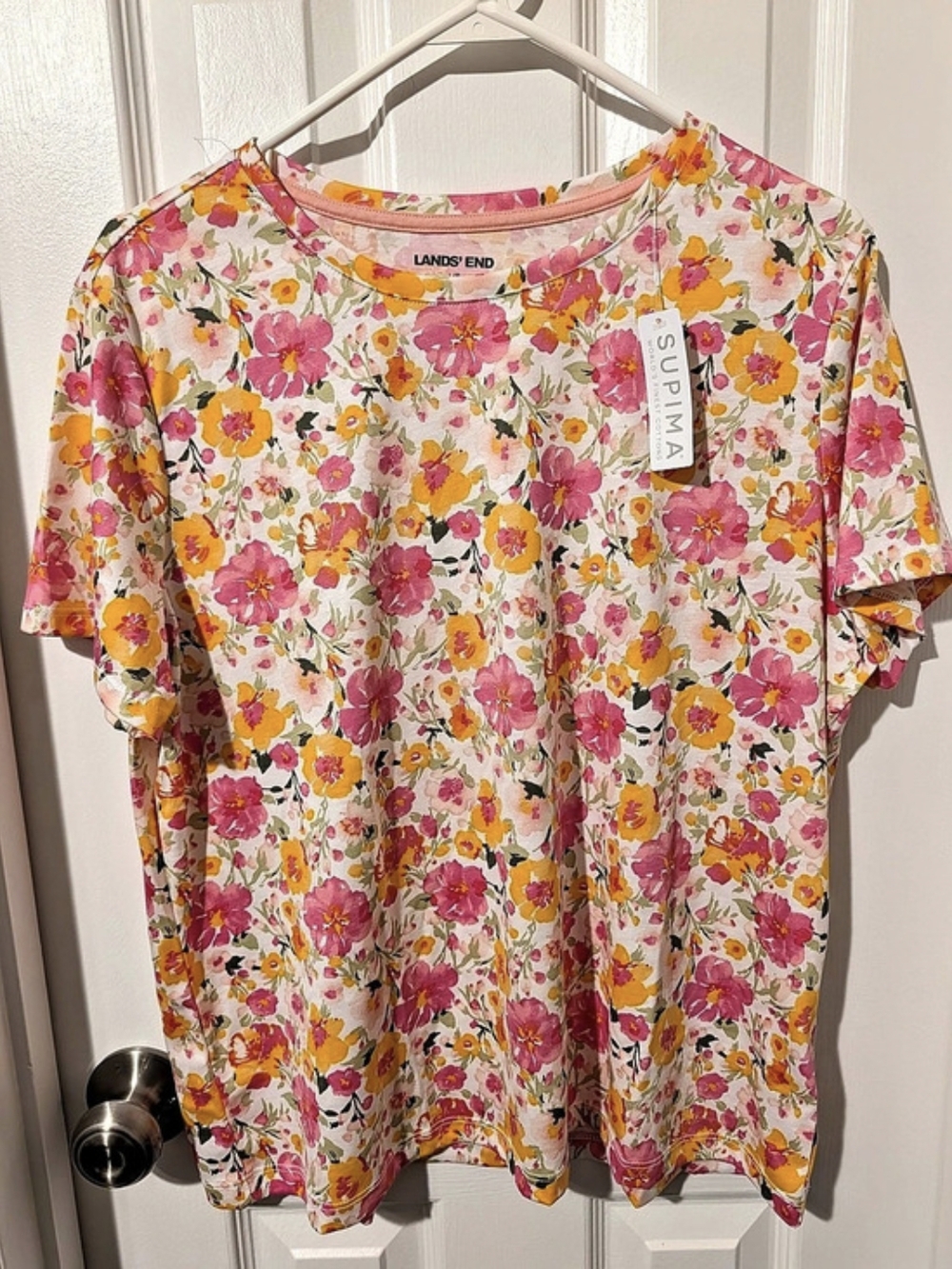 LANDS' END Women's Supima Cotton Floral Short Sleeve Shirt, Size Large